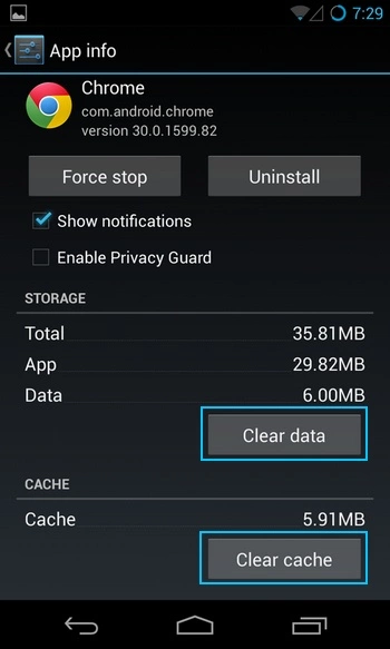 clear cache on chrome in android